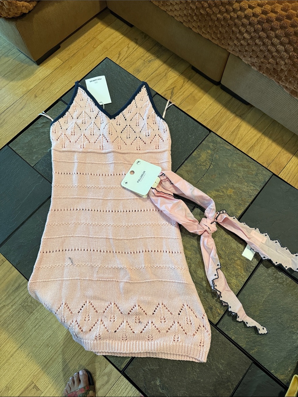 Pull&Bear Pink Knit Slip Dress with Black Trim